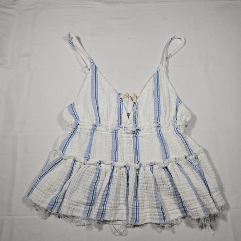 Ocean Drive Womens Blue White Striped cottagecore Ruffle Camisole Top Medium